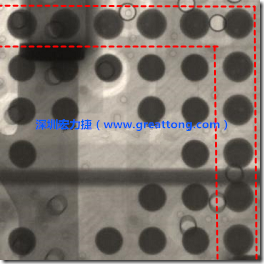 BGA錫球尺寸小于0.4mm，采用降低BGA內(nèi)圍襲球的錫膏量所得到X-Ray，稍微留意一下可以發(fā)現(xiàn)最外圈的錫量(圓的直徑)比其他內(nèi)圍的錫球上的錫量來得多一點點。也就是外圈的黑色圓形直徑比內(nèi)圈的圓形來得大一點點。