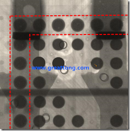 BGA錫球尺寸小于0.4mm，采用降低BGA內(nèi)圍襲球的錫膏量所得到X-Ray，稍微留意一下可以發(fā)現(xiàn)最外圈的錫量(圓的直徑)比其他內(nèi)圍的錫球上的錫量來得多一點點。也就是外圈的黑色圓形直徑比內(nèi)圈的圓形來得大一點點。