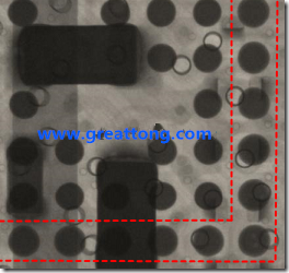 BGA錫球尺寸小于0.4mm，采用降低BGA內(nèi)圍襲球的錫膏量所得到X-Ray，稍微留意一下可以發(fā)現(xiàn)最外圈的錫量(圓的直徑)比其他內(nèi)圍的錫球上的錫量來得多一點點。也就是外圈的黑色圓形直徑比內(nèi)圈的圓形來得大一點點。