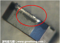 使用錫(Sn)鍍層的電源電感器(Power Inductors)，經(jīng)過推力測試后，其焊點還保留在零件的端點上，所以推力比較高。