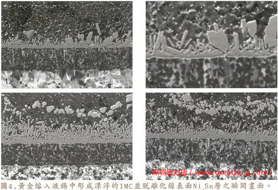 下面四張圖片為放大4500倍的SEM圖像，說明在回流焊爐熱量不足的情況下，黃金成份正要從鎳層分離融入焊錫之中的瞬間，當(dāng)零件遭受外力沖擊的時候就極有可能從這一整排AuSn、、AuSn2或AuSn4的IMC處裂開。