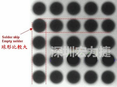 現(xiàn)在我畫幾條直線你再看看是否有發(fā)現(xiàn)那一顆BGA的錫球比較大，有空焊的可能？