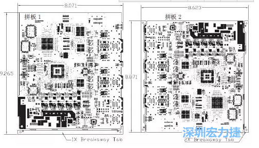 如圖7所示是使用不同數(shù)量邊條的拼板，拼板1僅使用了一個(gè)邊條，直接利用PCB另一邊作為SMT工藝傳送邊，并且PCB圖形中有合適的安裝孔；而拼板2則是按常規(guī)設(shè)計(jì)了兩個(gè)邊條。拼板方式為連接筋。圖中“Breakaway Tab”指邊條-深圳宏力捷