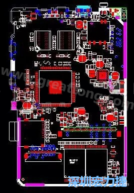 上圖是一個開發(fā)板的PCB，從布局中可以看出各個接口電路分離很明確，SDRAM和DDR以及SD卡接口電路等走線不會造成相互的干擾。-深圳宏力捷