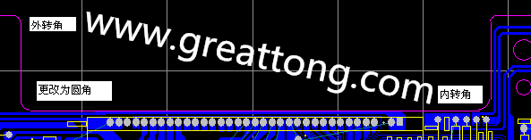 PCB設計時單面板的轉(zhuǎn)角都需為圓角，R1.0mm或R2.0mm為宜。