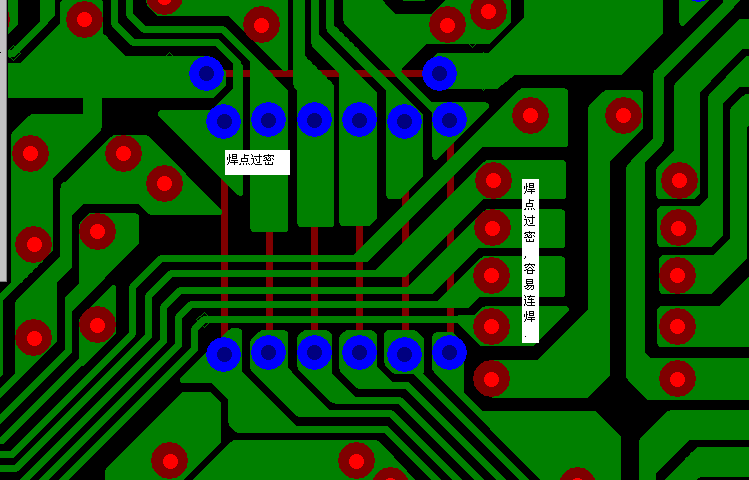 PCB設(shè)計(jì)焊點(diǎn)過密，易造成波峰連焊，焊點(diǎn)間漏電