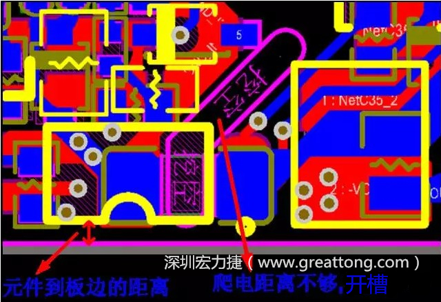 如果碰到模塊PCB空間有限，爬電距離不夠，可以采用開槽的方式