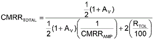 方程式1是從理想運算放大器的CMRR等式中匯出，其中CMRRAMP被假定為非常大(無窮大)。