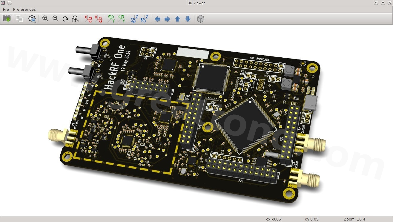 經(jīng)KiCad軟體3D功能渲染過的HackRF One電路板。