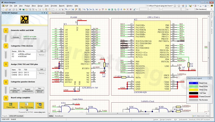 XJTAG DFT Assistant的Access Viewer模式可以清楚地顯示可用的測(cè)試存取層級(jí)，讓電路板設(shè)計(jì)人員在展開(kāi)PCB布局以前的原理圖擷取階段盡可能地提高測(cè)試存取能力