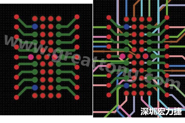 圖7：焊盤內(nèi)過孔用于內(nèi)部，而外部接腳在0.5mm閘格上扇出。圖7a顯示的是頂層(左)；圖7b顯示頂層和內(nèi)部布線層(右)。