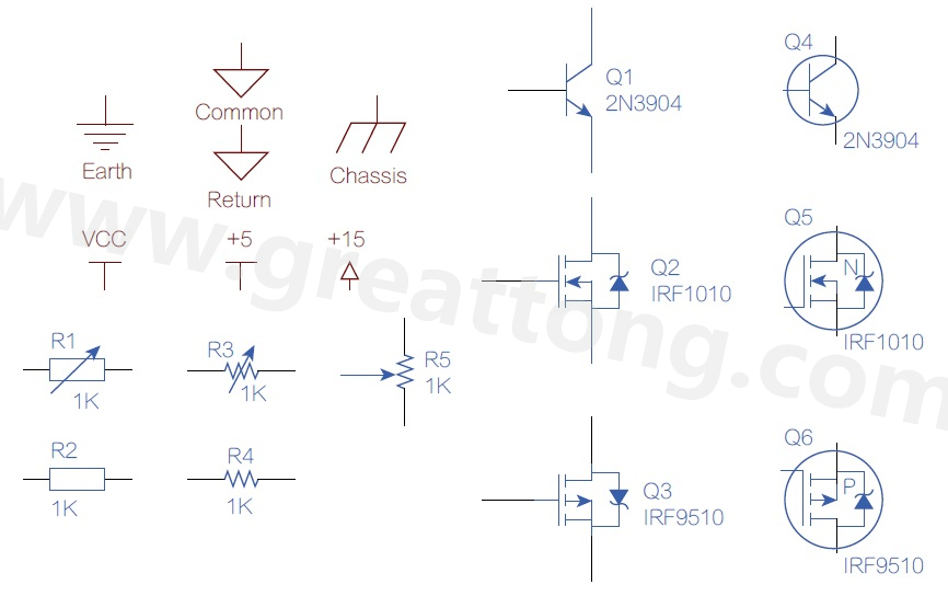 圖 4 接地、電源、電阻、電晶體和 MOSFET等各種元件的符號(hào)。