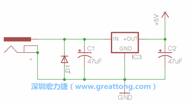 新增RBBB→Power_Jack，將它放在電壓調(diào)整器的輸入端旁邊。