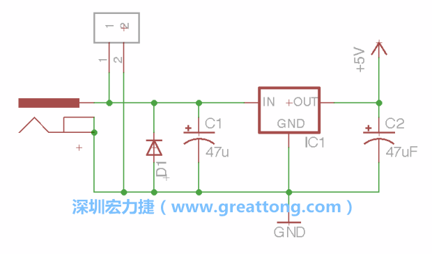 2.5.    新增一個(gè)二極體，它會(huì)以水平的狀態(tài)出現(xiàn)在屏幕上，請(qǐng)使用「旋轉(zhuǎn)（Rotate）」工具把它負(fù)極那一面朝上，并且用「網(wǎng)絡(luò)連接」工具將它連接在電壓調(diào)整器的輸入端和接地端之間。