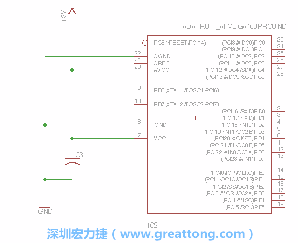 3.1.    新增微控制器晶片（RBBB → ATmega），把它放在電路原理圖的中央附近，把它的兩個(gè)接地接頭連接到接地訊號(hào)端。