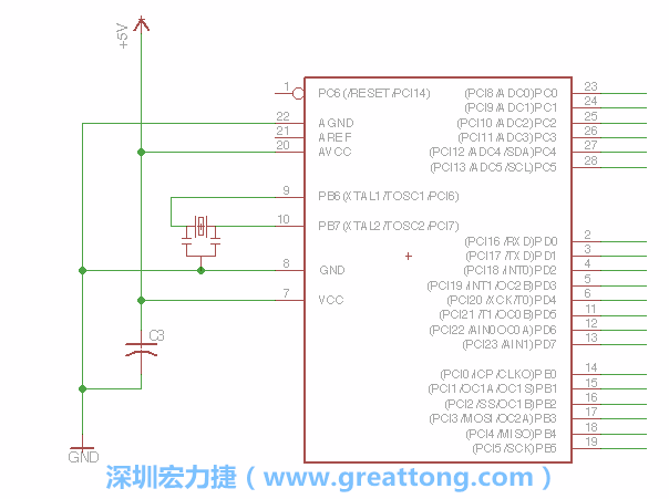 3.2.    在靠近ATmega的電源供應(yīng)針腳7的位置放置一個(gè)0.1μF的電容，將它分別連接電源、接地端和針腳7。