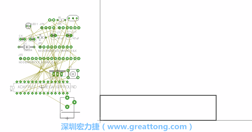 第一次執(zhí)行布線編輯器時，你會發(fā)現(xiàn)有兩個區(qū)塊，左邊的區(qū)塊非常混亂，而右邊的區(qū)塊則是一個長方形的工作區(qū)域，EAGLE免費版會限制你的工作區(qū)域在4” x 3.2”的范圍內，如果你試圖將元件擺放在工作區(qū)外的話，就會跳出警示訊息。