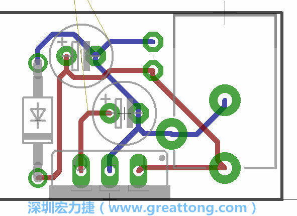 接地連結點的布線情形如下圖所示，利用這個練習來避免電路連線銳角化的產(chǎn)生是一個不錯的選擇，你可以在工具列中的彎曲線路（Wire Bend）選項里改變各種布線的變化。