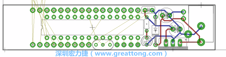 將ATmega微控制器、三個GPIO排針（JP2, JP3, JP4）和諧振器（resonator）排置如上圖所示。