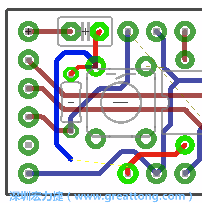 要在電路板正面進行+5V信號線連結和其他連結點的布線工作是非常容易的，而重置信號線（信號線用來連結電路板正面左邊的重置開關）需要經(jīng)過一個可以通過電路板正反兩面的電路通道，這個通道是一個可以讓電路板正反兩面線路連接的一個小孔。