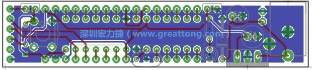 第二篇文章則帶領(lǐng)你進(jìn)行電路板上的布線、連結(jié)點(diǎn)的配置，并利用「設(shè)計(jì)規(guī)則檢查（Design Rule Check）」測試你的設(shè)計(jì)，第二篇文章的電路板設(shè)計(jì)圖將如下所示：