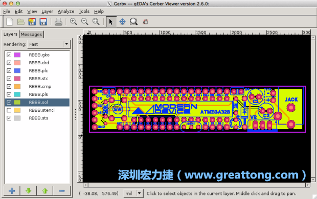 將圖層匯入你的Gerber預(yù)覽工具內(nèi)（下圖為Gerbv），我通常會從上到下重新排列它們的順序，好讓我比較好校對：