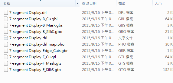 所謂Gerber檔，其實(shí)是包含一群檔案 (如下圖所示)，如包含正反面銅箔層 F.Cu B.Cu.，正反面文字面 F.Silkscreen ，B.Silkscreen，防焊層 SolderMask、板邊裁切Edge.Cuts 等。