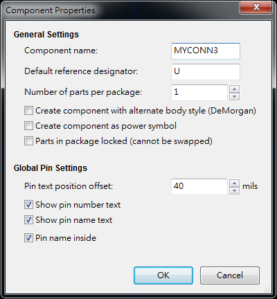 按下工具  "Create a new component"， 出現(xiàn)底下畫(huà)面， 按下OK后， 產(chǎn)生MYCONN3/U? 文字重迭在一在， 把它們分開(kāi)(用mouse選擇并按下"M"， 即可移動(dòng))