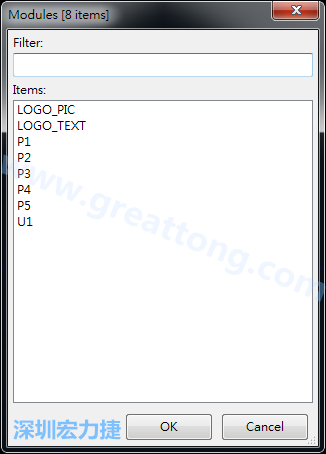 從目前正在編輯的PCB載入Module， 會顯示有那些項目可載入。點選一個， OK后即完成載入