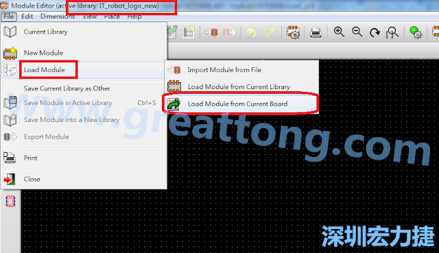 進入Module Editor去載入其他Footprint(Module)進來， 從目前的Active library (不過要先選取一個Current library ) 載入Module 或從目前正在編輯的PCB載入Module。