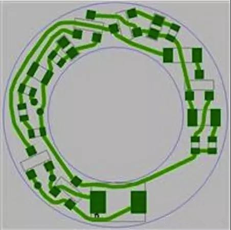 圖6：PCB布線例子：(a)拓撲式自動布線器(完成了100%導線的布線)；