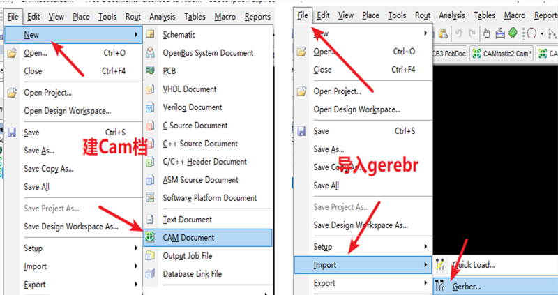 在File下新建 Cam檔，建后再File下導(dǎo)入Gerber文件，選擇所有文件導(dǎo)入gerber。