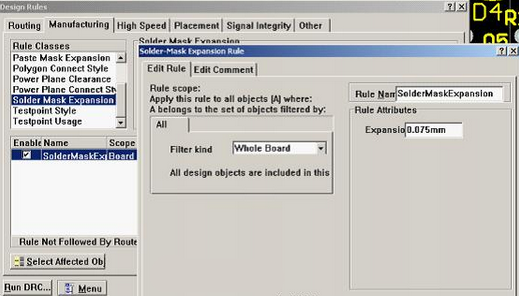 5. 而對于阻焊的調(diào)整則可以通過按D、R調(diào)出[Manufacturing]制作設計規(guī)則的[Solder-Mask Expansion Rule]設置項直接設定單邊放大值