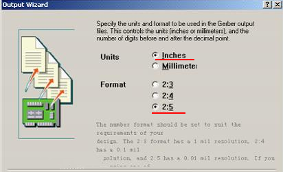 在上圖中選擇“Inches 2：5”，以確保資料精度，反之線寬、線距或孔有偏移現(xiàn)象